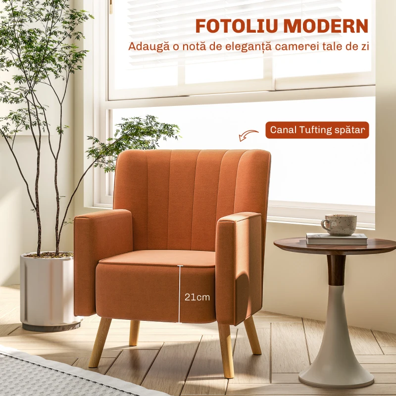 HOMCOM Fotoliu Decorativ Modern cu Spătar Canelat și Înclinat, , 70x76x92 cm, Maro