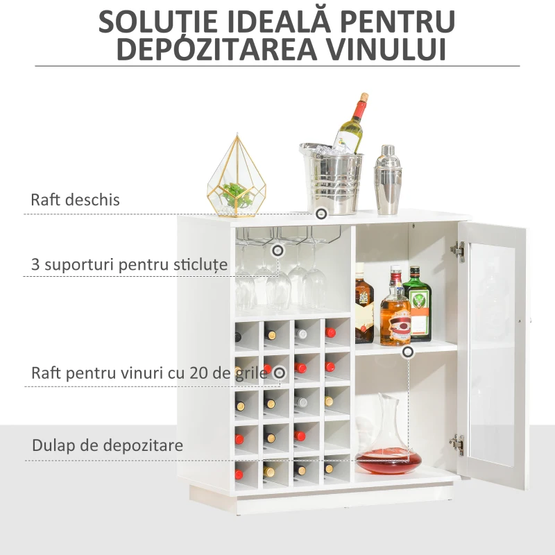 HOMCOM Dulap pentru Sticle cu Suport pentru Pahare și Sticle de Vin, 80x36x85 cm, Alb