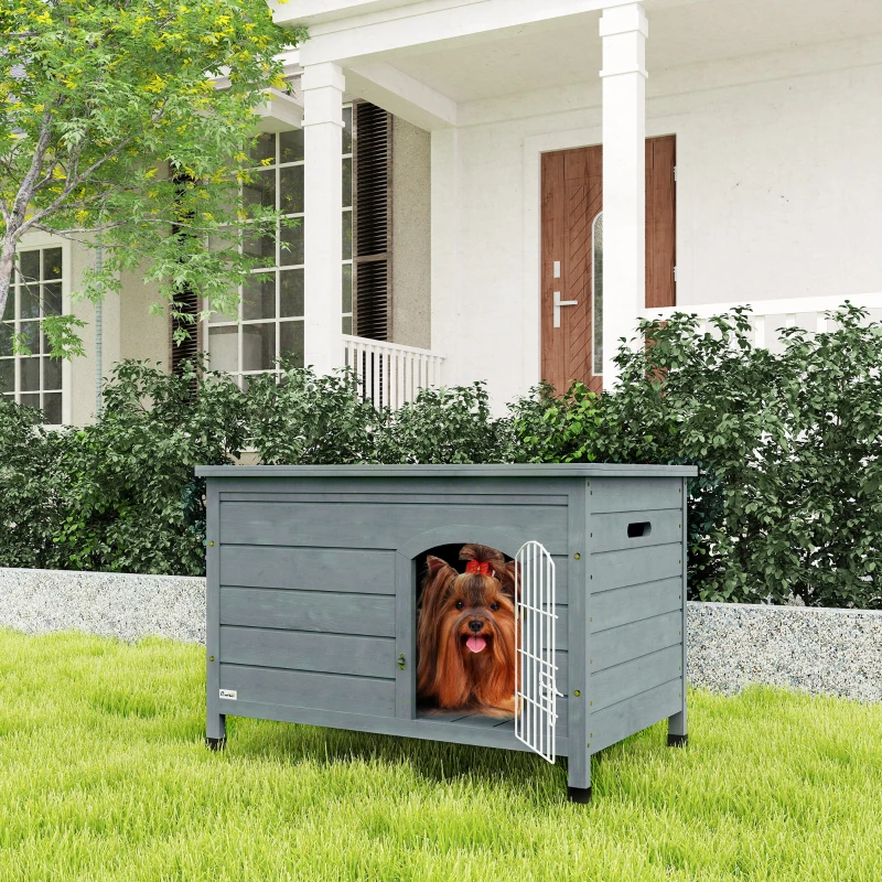 PawHut Wooden Dog House with Removable Bottom, Wire Door, Openable Top, Pet Shelter for Small Dog, 80 x 55 x 53.5cm, Dark Grey(m-2)