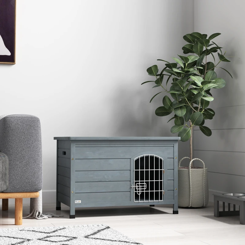 PawHut Wooden Dog House with Removable Bottom, Wire Door, Openable Top, Pet Shelter for Small Dog, 80 x 55 x 53.5cm, Dark Grey(m-9)