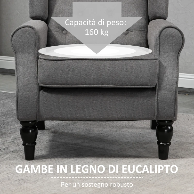 HOMCOM Poltrona da Salotto Stile Francese con Gambe in Legno e Cuscini Sfoderabili, 74x86x102 cm, Grigio