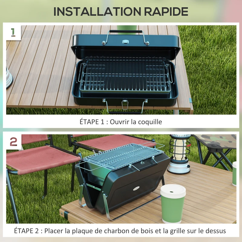Outsunny Mini barbecue à charbon BBQ portable avec coque de valise barbecue de table pliable pour jardin, camping, pique-nique noir