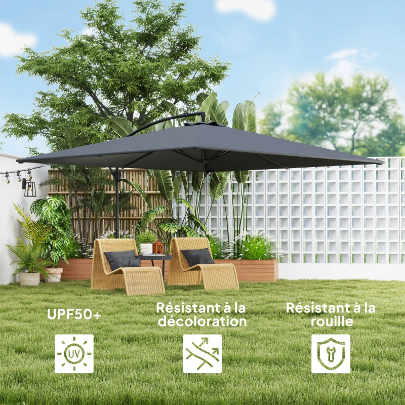 Outsunny Parasol déporté rectangulaire 3,6x3,9 m avec manivelle, base en croix, parasol inclinable et rotation à 360°, gris