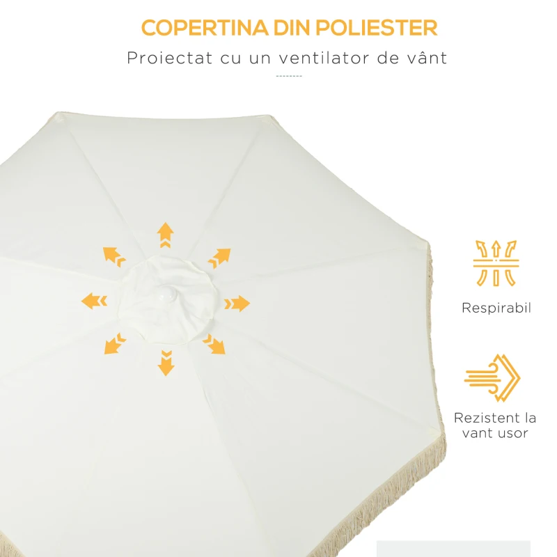 Outsunny Umbrelă de Grădină Înclinabilă cu Franjuri, Manivelă şi Tijă în 2 Secţiuni, Ø2.65x2.45 m, Alb