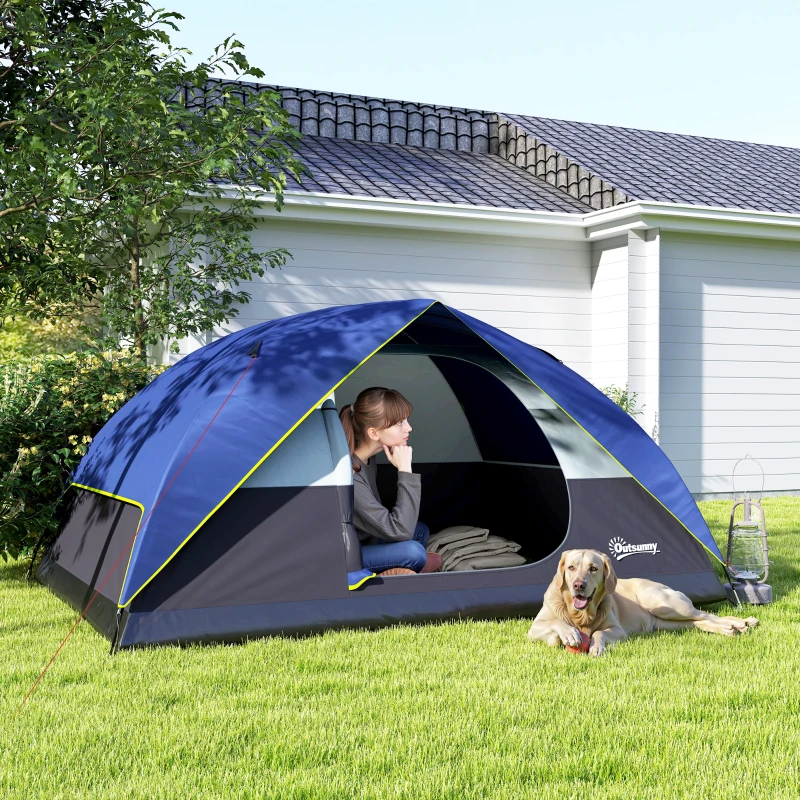 Outsunny Tente de camping 2-4 personnes, tente dôme familiale imperméable, avec fenêtre, 2 poches, sac de transport, bleu foncé