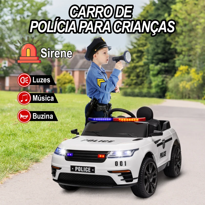 AIYAPLAY Carro Elétrico de Policia para Crianças com Bateria 12V Controlo Remoto Farol Buzina Sirene e Música 112x66x50 cm Branco