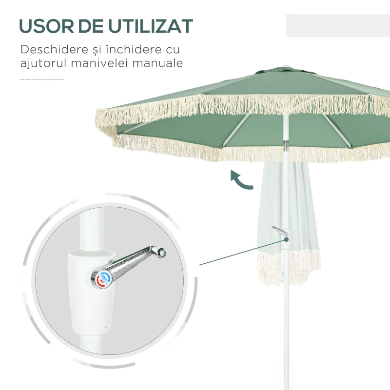 Outsunny Umbrelă de Grădină Înclinabilă cu Franjuri, Manivelă şi Tijă în 2 Secţiuni, Ø2.65x2.45 m, Verde