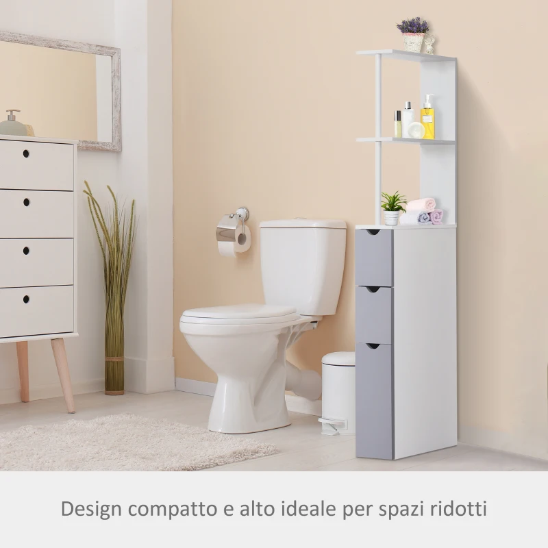 HOMCOM Colonna Bagno, Mobile Bagno Salvaspazio in Legno, Mobiletto con Armadietto, Ripiani e Cassetti, 15x33x136 cm, Grigio Chiaro