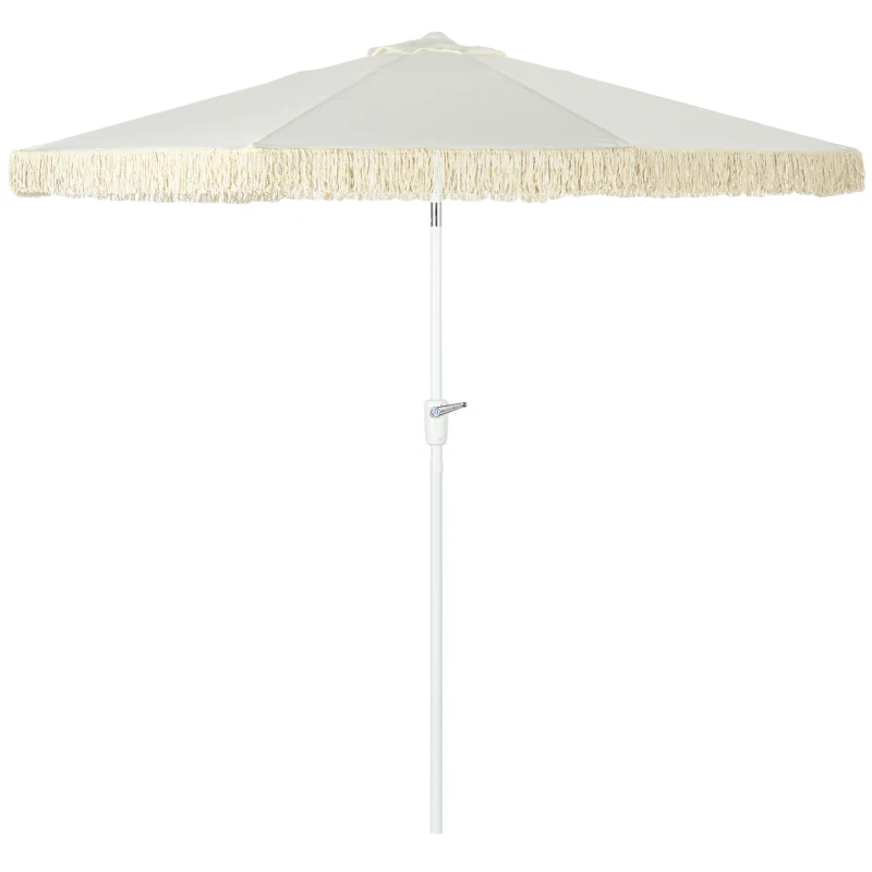 Outsunny Umbrelă de Grădină Înclinabilă cu Franjuri, Manivelă şi Tijă în 2 Secţiuni, Ø2.65x2.45 m, Alb