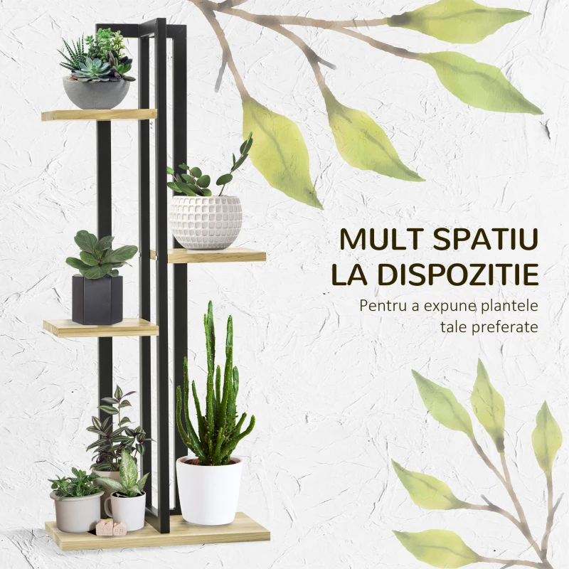 Outsunny Suport pentru Plante cu 4 Etaje din Lemn de Brad și Metal, 45x25x110 cm, Negru