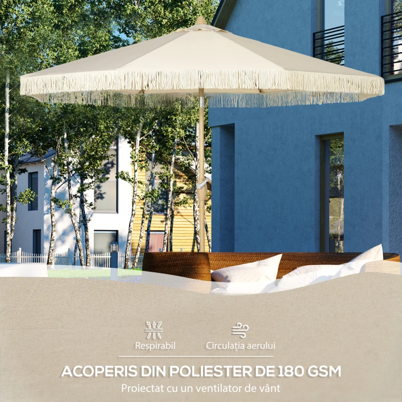 Outsunny Umbrelă de Grădină Înclinabilă pe 3 Niveluri cu Franjuri, Manivelă și Tijă cu 2 Secțiuni, Ø265x244 cm, Crem