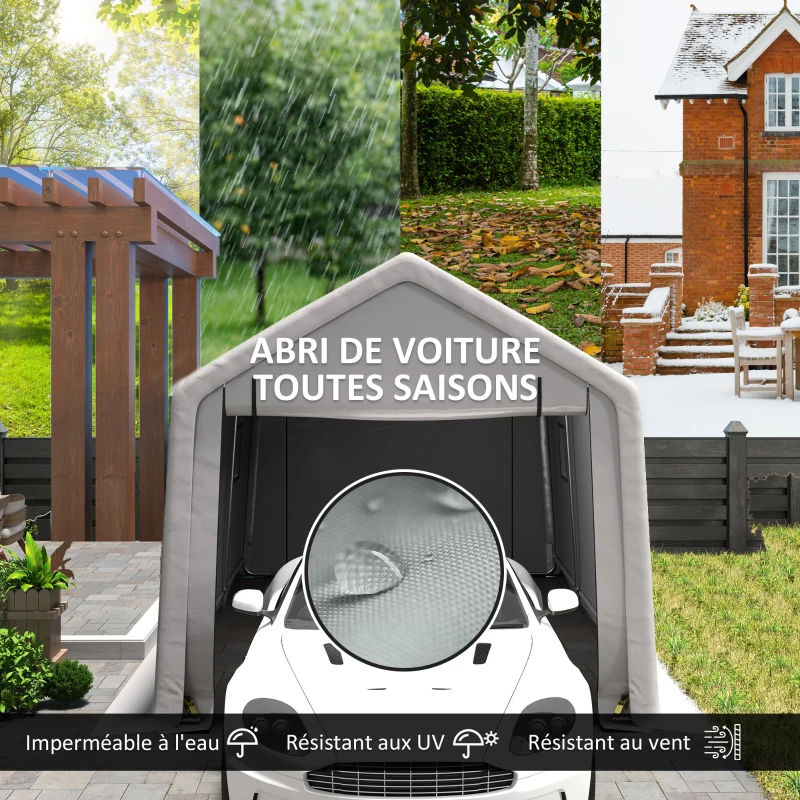 Outsunny Carport tente de garage 3 x 5,2 m, abri voiture extérieur carport pour voiture avec porte enroulable amovible gris