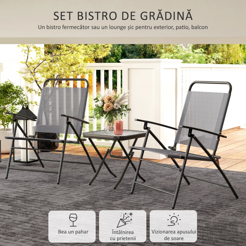 Outsunny Set Mobilier de Grădină din 3 Piese cu Scaune cu Spătar Reglabil și Masă, 64x70x87 cm, Gri