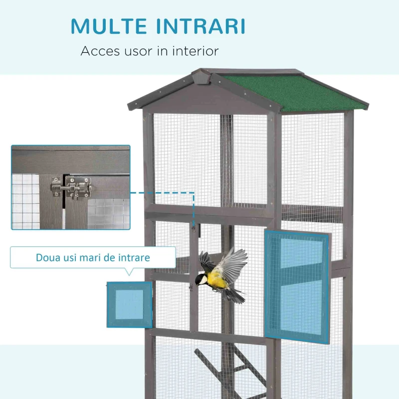 PawHut Colivie pentru Păsări din Lemn și Plasă Metalică cu 2 Uși și Tavă Detașabilă, 68x63x165 cm, Gri Deschis