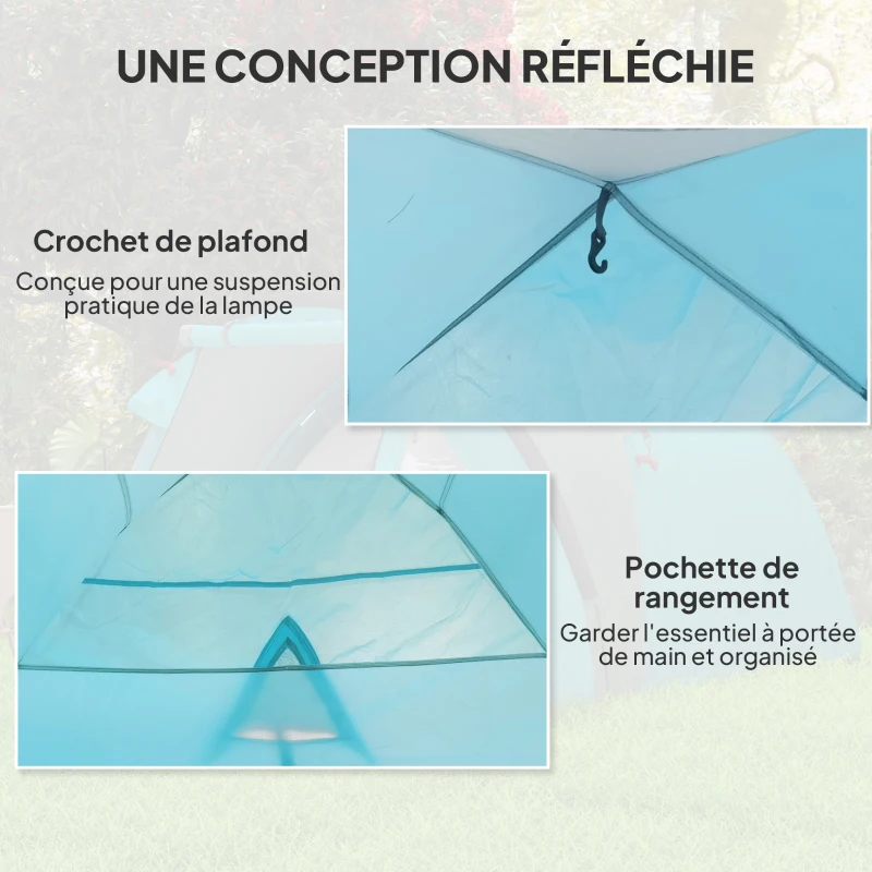 Outsunny Tente de camping 2-4 personnes, tente dôme familiale imperméable, avec fenêtres, poche, sac de transport bleu ciel