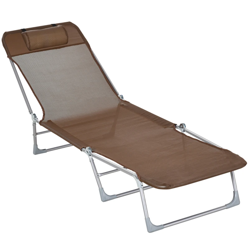 Outsunny Espreguiçadeira dobrável e reclinável de jardim com apoio de cabeça e encosto ajustável em 5 níveis Tecido textilene respirável 182x56x24,5 cm marrom