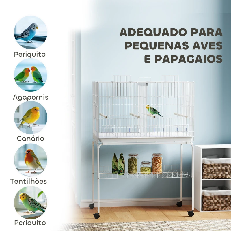 PawHut Gaiola para Pássaros com Divisória Rodas Gaiola para Aves com Comedouros Poleiros e Bandeja Removível 94x57x128 cm Branco