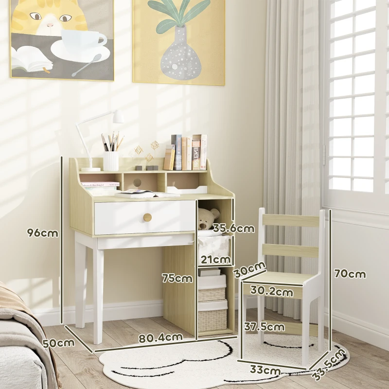 AIYAPLAY Set Birou pentru Copii cu Raft de Depozitare, Sertar și Scaun din Lemn, 80,4x50x96 cm, Alb(m-3)