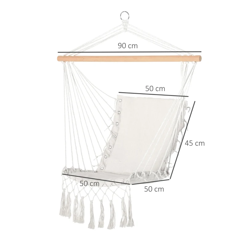 Outsunny Balansoar Suspendat din Țesătură cu Ciucuri și Bară din Lemn de Plop, 90x50 cm, Crem(m-3)