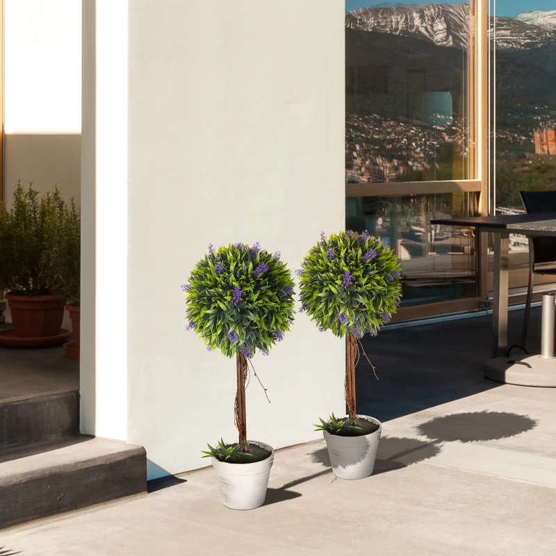HOMCOM Set 2 Plante Artificiale Sferice cu Flori de Lavandă şi Vas, Ø24x60 cm, Verde