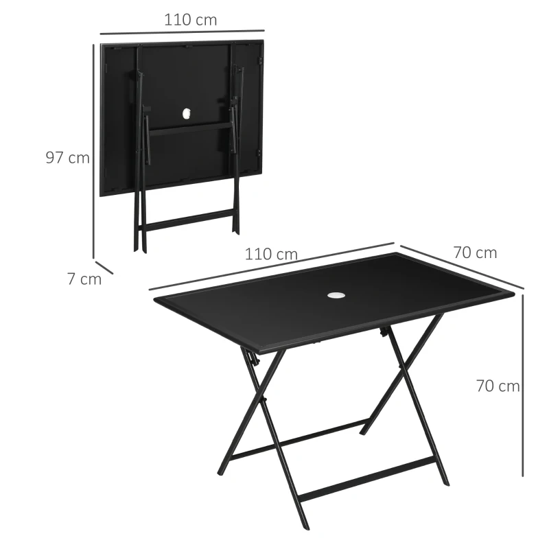 Outsunny Table à manger de jardin pliable avec plateau verre trempé table extérieure avec trou de parasol 110 x 70 x 70 cm noir