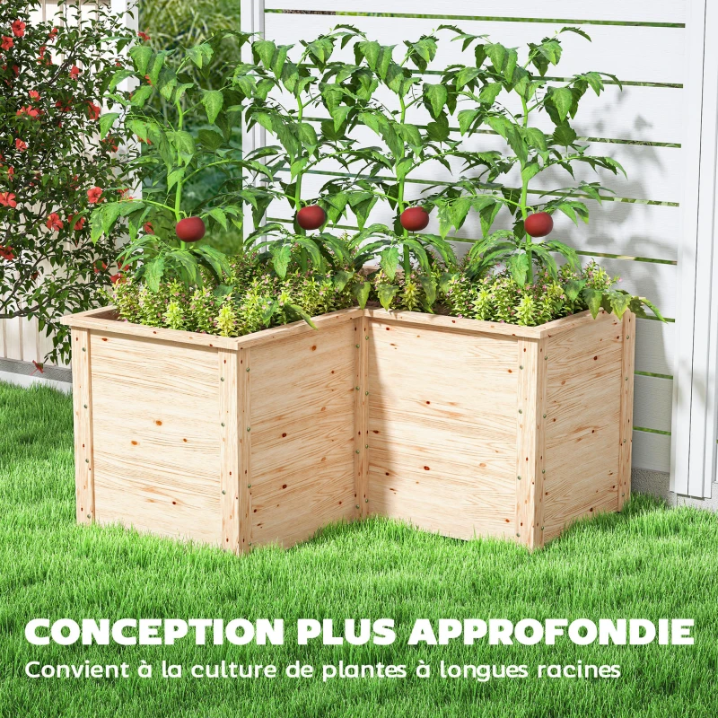 Outsunny Jardinière en forme de L, lit surélevé de jardin, bac à fleurs à fond ouvert, en bois 120 x 120 x 62 cm, bois naturel