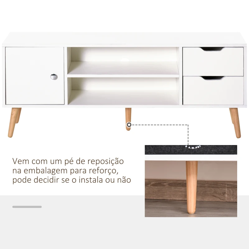 HOMCOM Armário de TV Grande armazenamento com armário prateleiras e gavetas abertas Carga 30 kg 120x28x44 cm Branco