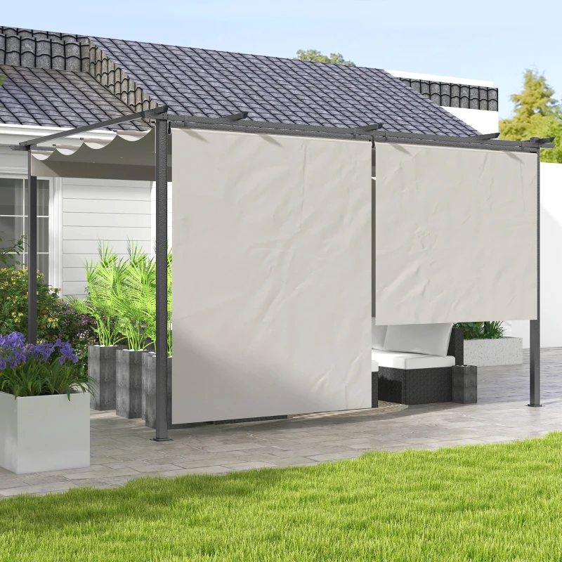 Outsunny Pérgola de Jardín Cenador para Exterior con Techo Retráctil y 4 Cortinas Enrollables 4x3 m Crema