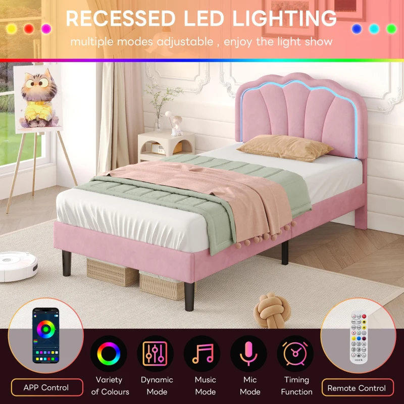 Single Upholstered Bed with LED Adjustable Shell Headboard, Charging Station, Perfect for Sophisticated and Modern Bedroom, 194L x 94W x 111H cm, Pink