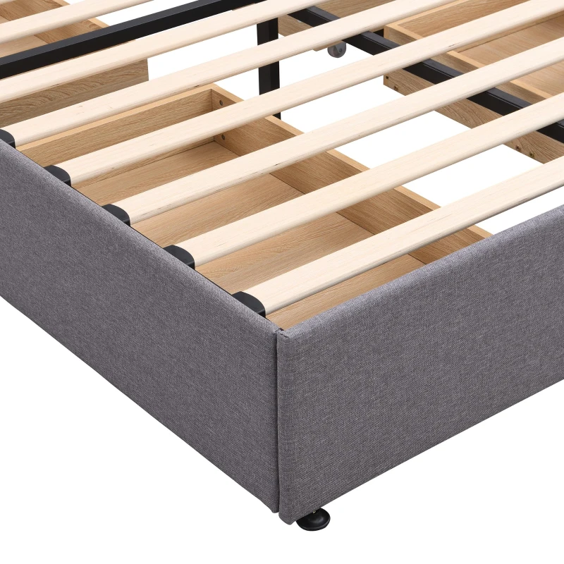 Storage Bed with 4 Drawers, Upholstered Double Bed with Iron Frame and Wooden Slats, 193.5 x 141W x 30H cm, Grey