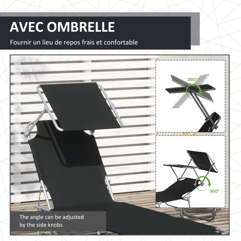 Outsunny Transat Bain de Soleil Pliable Chaise Longue Pliante Grand Confort Dossier Inclinable Multi-positions et Pare-Soleil réglable Dim. 187L x 58l x 36H cm noir