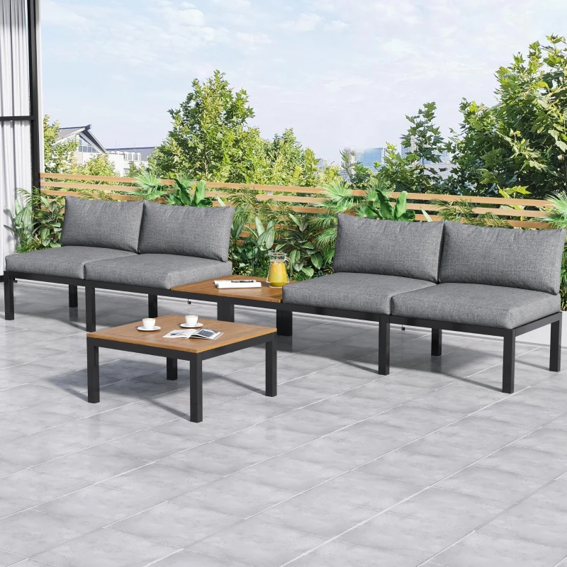 Space-Saving L-Shaped Corner Sofa with Wooden Table, Iron Frame, Outdoor Garden Lounge Set for 4 People, 145L x 60W x 80H cm, Grey