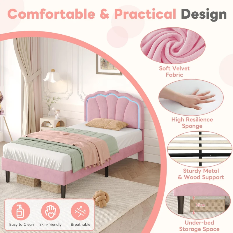 Single Upholstered Bed with LED Adjustable Shell Headboard, Charging Station, Perfect for Sophisticated and Modern Bedroom, 194L x 94W x 111H cm, Pink