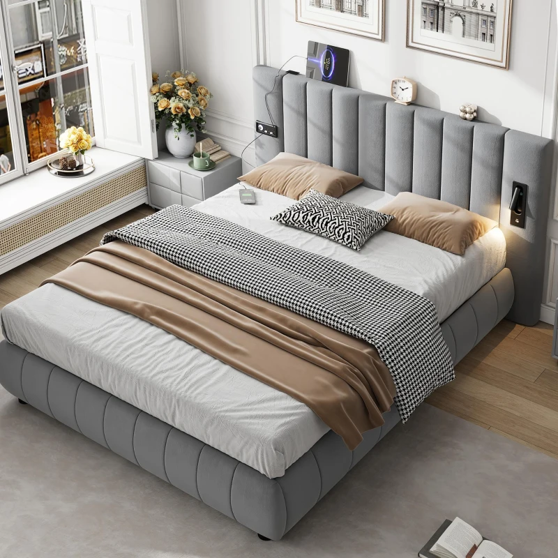 Upholstered King Size Bed with Stereo and Charging Ports, Velvet and Iron Frame, 218L x 182W x 103H cm, Grey