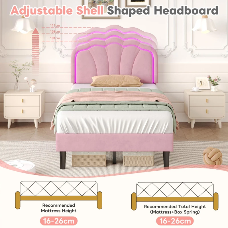 Single Upholstered Bed with LED Adjustable Shell Headboard, Charging Station, Perfect for Sophisticated and Modern Bedroom, 194L x 94W x 111H cm, Pink