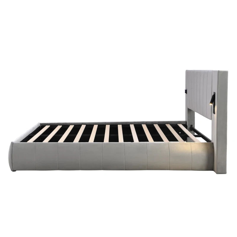 Upholstered King Size Bed with Stereo and Charging Ports, Velvet and Iron Frame, 218L x 182W x 103H cm, Grey