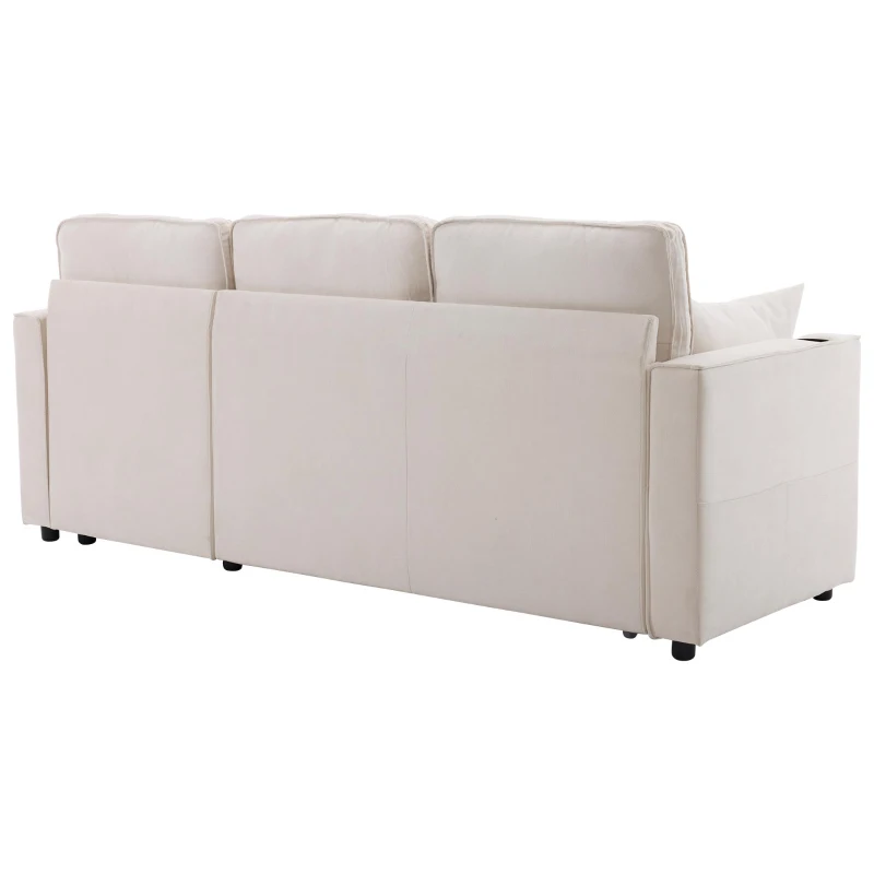 3-in-1 Convertible Sofa Bed with Reversible Chaise, Internal Storage and Cup Holders, L-Shaped Sleeper Sofa with Pillows, 211L x 130W x 86H cm, Beige