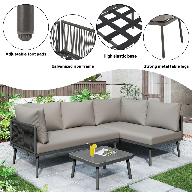 Modern Space-Saving L-Shaped Corner Sofa with Glass Coffee Table, Outdoor Garden Lounge Set for 4-5 People, 120L x 60W x 86H cm, Grey