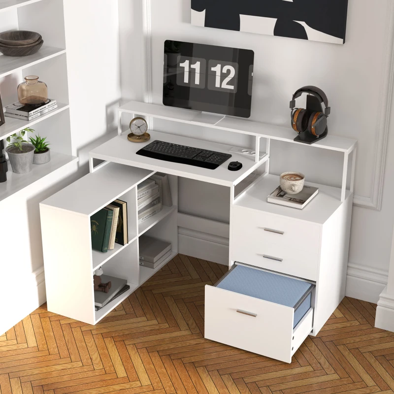 HOMCOM Birou în Formă de L cu Prize de Curent, Sertar și Suport pentru Monitor, 138,5x90x92 cm, Alb(m-9)