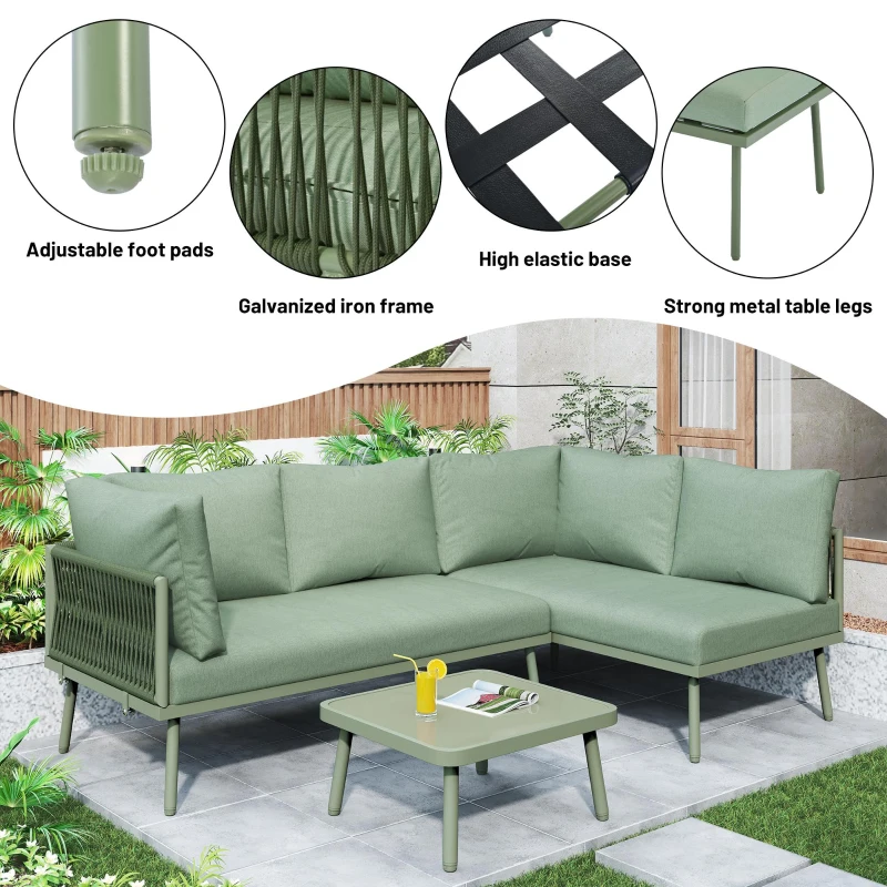UV-Resistant Garden Lounge Set with Glass Coffee Table, Thick Cushions, L-Shaped Corner Sofa for 4-5 People, 120L x 60W x 86H cm, Green