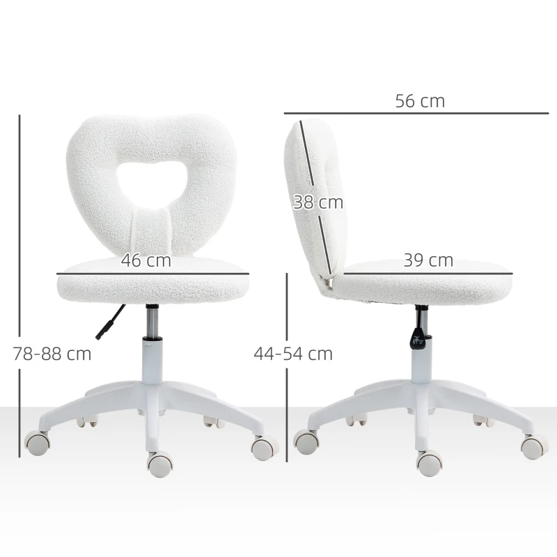 HOMCOM Scaun de Birou Tapițat cu Spătar în Formă de Inimă și Rotile, 45x56x78-88 cm, Alb(m-3)