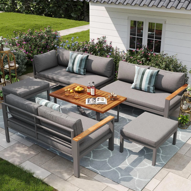 Space-Saving L-Shaped Sofa with Wooden Coffee Table, Stool Table Boxes, Outdoor Garden Lounge Set for 7-8 People, 115L x 60W x 78.5H cm, Grey