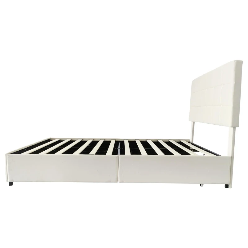 Double Upholstered Bed with 4 Storage Drawers and Charging Station, Adjustable Button Tufted Headboard, Velvet Frame, 195L x 142W x 108H cm, Beige