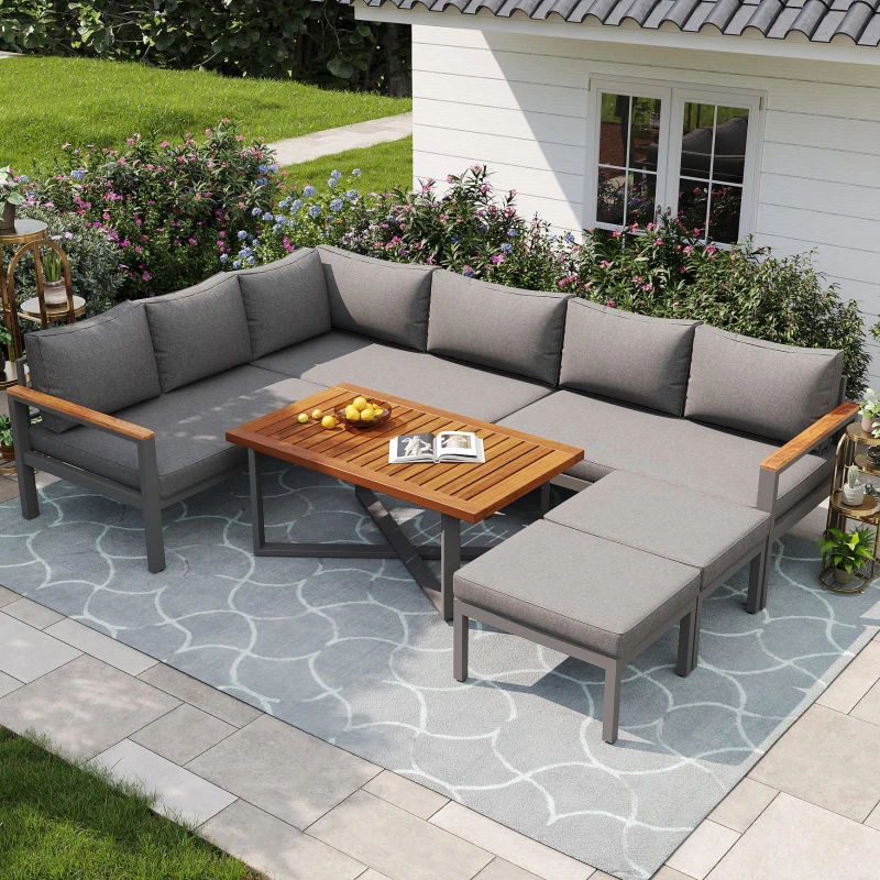 Space-Saving L-Shaped Sofa with Wooden Coffee Table, Stool Table Boxes, Outdoor Garden Lounge Set for 7-8 People, 115L x 60W x 78.5H cm, Grey