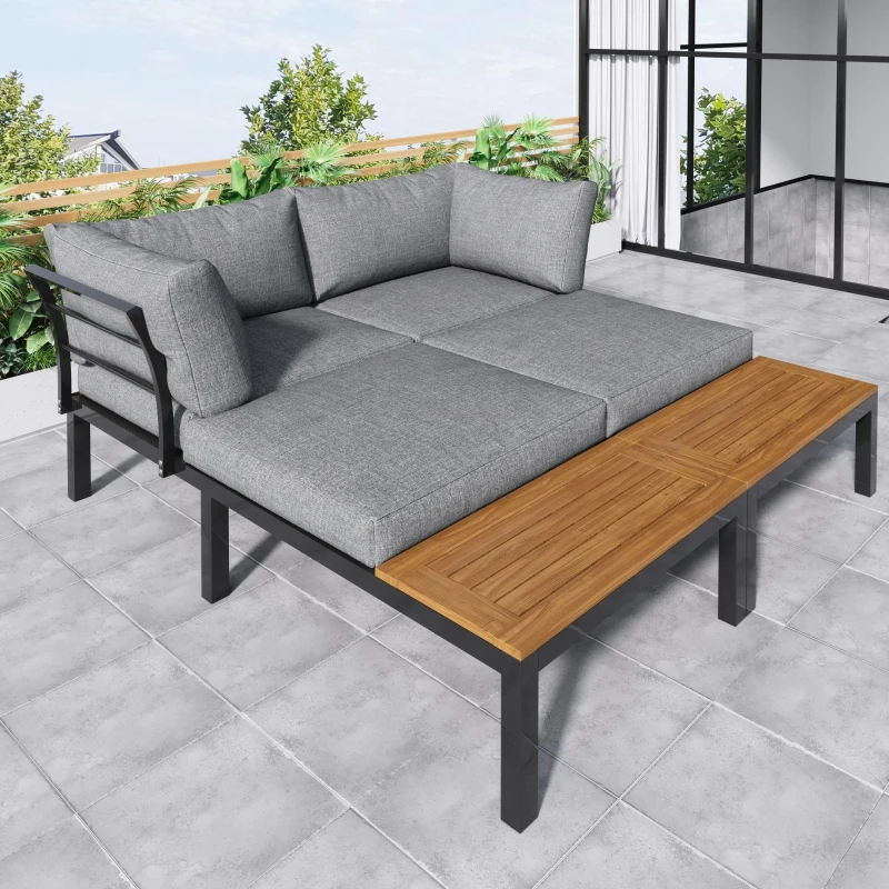 Space-Saving L-Shaped Corner Sofa with Wooden Table, Iron Frame, Outdoor Garden Lounge Set for 4 People, 145L x 60W x 80H cm, Grey