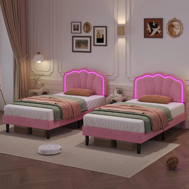 Single Upholstered Bed with LED Adjustable Shell Headboard, Charging Station, Perfect for Sophisticated and Modern Bedroom, 194L x 94W x 111H cm, Pink