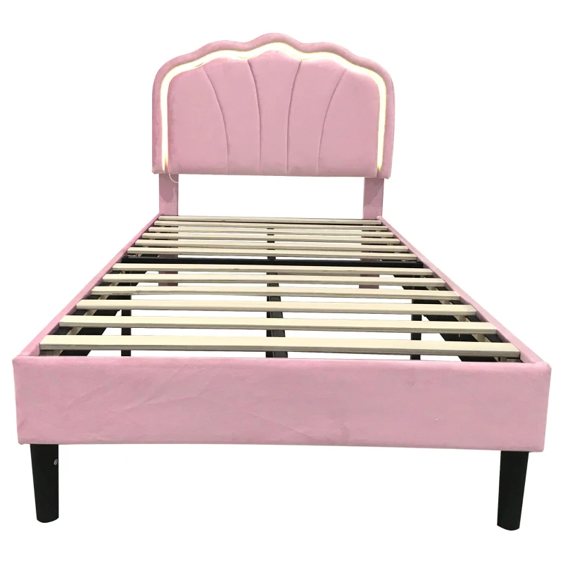 Single Upholstered Bed with LED Adjustable Shell Headboard, Charging Station, Perfect for Sophisticated and Modern Bedroom, 194L x 94W x 111H cm, Pink