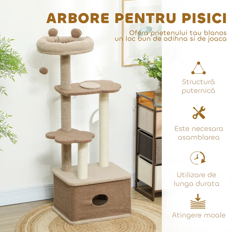 PawHut Copac de Zgâriat pentru Pisici cu Pat, Căsuță și Platforme de Sărit, 48x40x133 cm, Maro