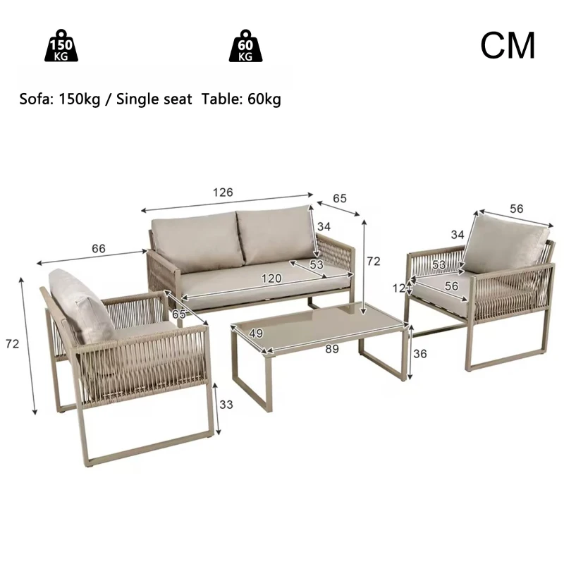 Modern Hand-Woven Sofa Set with Glass Coffee Table, Thick Cushions, Outdoor Garden Lounge Set for 4 People, 126L x 65W x 72H cm, Khaki