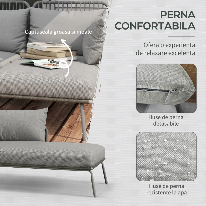 Outsunny Set Mobilier de Grădină din 3 Piese cu Canapea, Şezlong cu Perne şi Măsuţă, 125x77x82 cm, Gri Deschis(m-5)